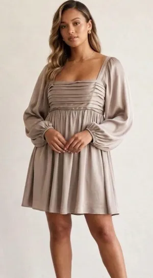 Abercrombie & Fitch Emerson Long Sleeves Square Neck Satin Taupe Mini Dress LT thumbnail 1