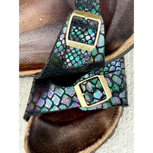 ⁠Birkenstock Madrid Black Metallic Python Snake Sandals Sz 38 Gold Buckle thumbnail 2