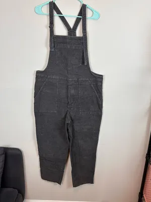 Aerie Corduroy Overalls Women Large Charcoal Gray Relaxed Straight Leg Raw Hem thumbnail 3