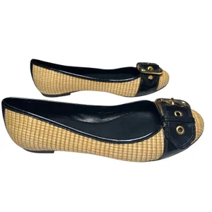Antonio Melani Woven Straw Patent Buckle Flats Black Tan‎ Women 8M Preppy thumbnail 2
