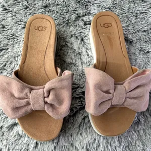 NWOT UGG Pink and Tan Slippers with Suede Bows thumbnail 2