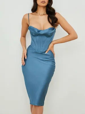 NEW House of CB Aegean Blue Corset Midi Dress thumbnail 4