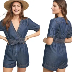 Pilcro by Anthropologie Blue Chambray Denim Tie‎ Waist Wrap Bodice V-Neck Romper thumbnail 2
