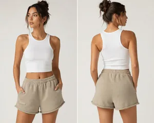 SET ACTIVE Fleece Sweat Shorts Taupe Beige Raw Hem Lounge Athletic Shorts Size L thumbnail 2