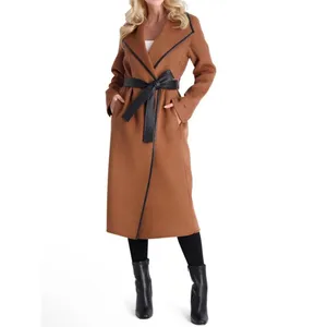 Tahari Wool Blend Faux Leather Trim Belted Coat Caramel Size Medium thumbnail 5