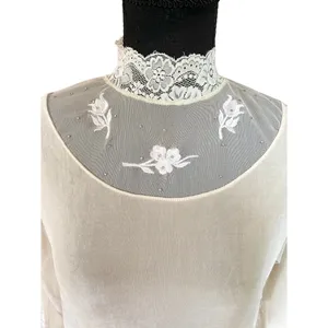 Sheer Lace High Neck Blouse Ivory Embroidered Korea Vintage Style Medium thumbnail 5