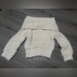Cozy Fluffy Off-Shoulder Oversized Cream Sweater thumbnail 2