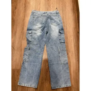 Womens Light Wash‎ Denim Cargo Pants Wide Leg Relaxed Fit thumbnail 3