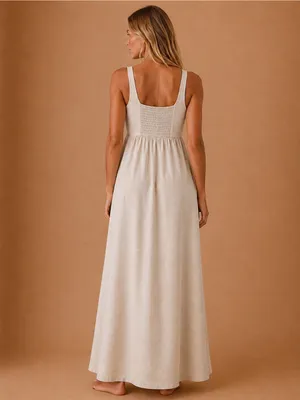 Zara Oatmeal Flowy Linen Lyocell Maxi Dress Smocked Back Sleeveless Boho Coastal thumbnail 10