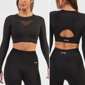 AYBL Black Motion Seamless Cropped Long Sleeve Gym Top Thumbholes‎ Cutout Back S thumbnail 2