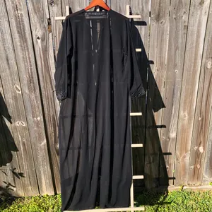 Abaya Black light weight Sheer Open Front Tie Front Size L thumbnail 8