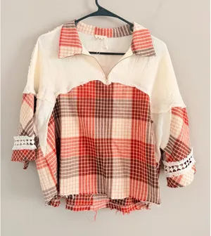 POL Plaid Patchwork Top Women Medium Orange Raw Hem Crochet Quarter Zip thumbnail 1