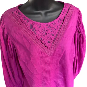 Farm Rio X Anthropologie Kelsie Peasant Blouse Sz M Purple Boho Puff Sleeve Lace thumbnail 2