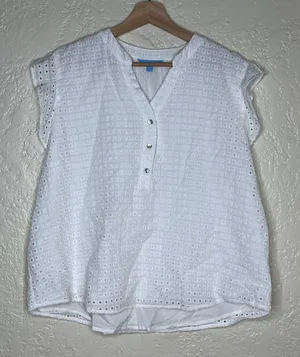 Draper James White Eyelet Ruffle V Neck Blouse Cottagecore Women XXL‎ thumbnail 1