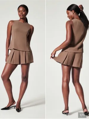 SPANX Carefree High Waist Crepe‎ Pleated Shorts Cedar Size Large thumbnail 7