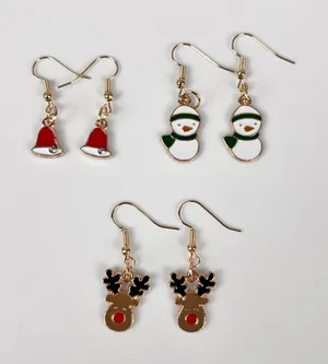 3 Pairs of Christmas Hook Earrings, Reindeer, Bell, Santa Claus, New! thumbnail 1