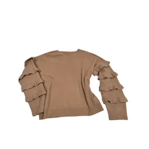 100% Cashmere Ruffle Sleeve Sweater Camel Tan Crewneck Pullover M/L thumbnail 2