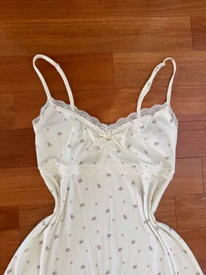 Coquette Dainty Cream Lace Trim Mini Floral Rosette Bow Mini Dress thumbnail 2