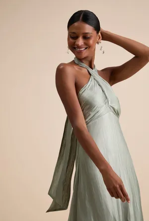 Lulus Canley Sage Satin Cross-Front Halter Maxi Dress thumbnail 3