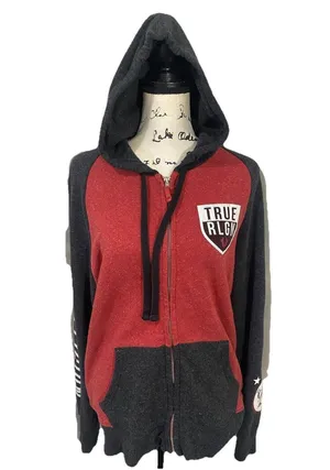 Unisex Raglan True Religion Sz M Red Zip Up Hoodie Sweatshirt thumbnail 1