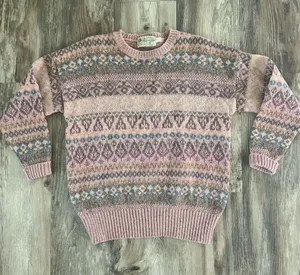 Vintage Pink Fair Isle Pastel Patterned All Wool Sweater from Scotland thumbnail 1