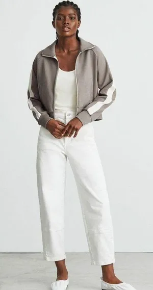 Everlane The Dream Zip-Up Side Stripe Sporty Knit Crop Jacket In Clay XS thumbnail 3