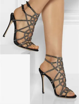 Sergio Rossi Vintage Y2K Studded Spider Web Strappy Sandal Heels Black Widow 36 thumbnail 1