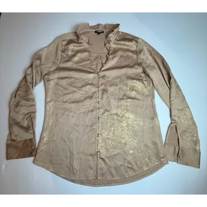 Express Womens Gold Metallic Foil Ruffle Neck Button Front Blouse Top Medium‎ thumbnail 5