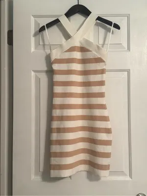 Aritzia Babaton Criss Cross Dress in Tan and White thumbnail 2