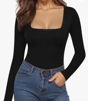 MANGOPOP Women's Square Neck Long Sleeve Tops Bodysuit thumbnail 2
