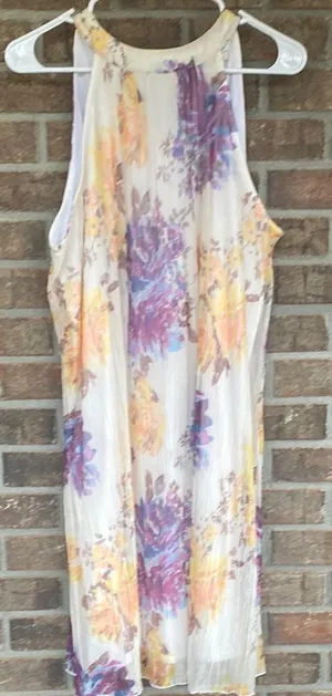 Floral Midi Dress in Cream with Purple & Yellow Accents thumbnail 1