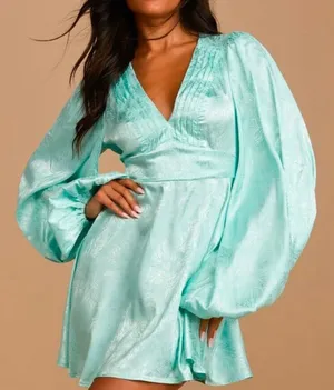Lulus Stunning Moment‎ Light Blue Satin Jacquard Long Sleeve Mini Dress MEDIUM thumbnail 1