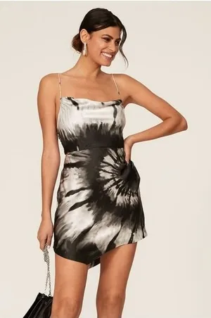 Retrofete Auris 100% Silk Tie Dye Asymmetrical Mini Dress Black White Large thumbnail 1