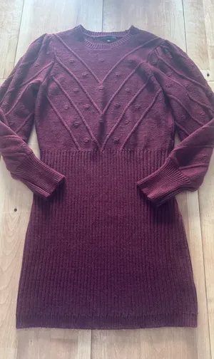 Adrienne Vittadin Burgundy Chevron Bobble Knit Puff Sleeve Sweater Dress‎ XL thumbnail 1