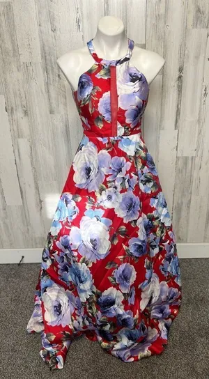 Dear Moon Floral Halter Maxi Dress Red Blue Size 3 XS/S thumbnail 1