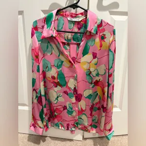 Zara Pink Floral Silky Button Up Blouse Size Medium thumbnail 2
