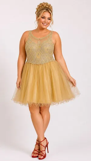 Let's Gold Jeweled Tulle Homecoming Dress - Size 3XL thumbnail 1