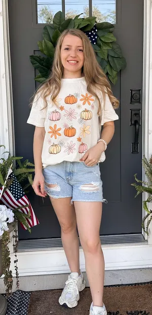 Pink Lily Pumpkin and Flower Graphic Tee thumbnail 1