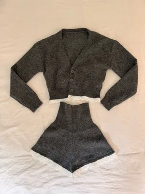 Cozy Cropped Gray and White Lace Sweater and Shorts Set thumbnail 2