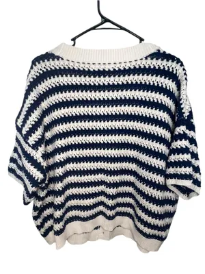 Universal Threads Navy And Cream Striped Button Up Short Sleeve Knit Cardigan thumbnail 5