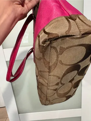 Vintage Coach Reversible Stripe Tote Bag Khaki Pink Canvas with Leather Trim thumbnail 4