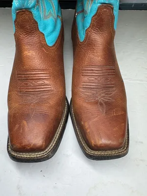 Tony Lama Brown Leather Cowboy Boots with Turquoise Shaft square toe cowgirl 10C thumbnail 3