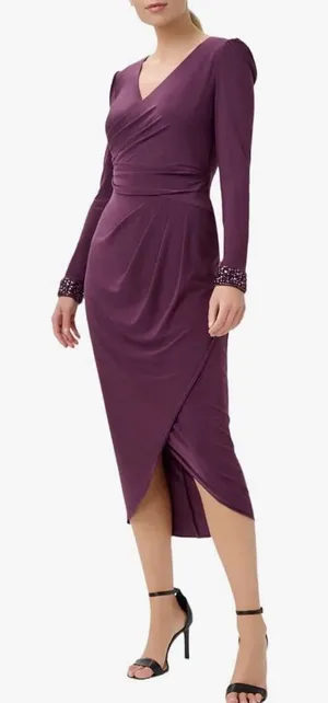 Adrianna Papell Women's Eggplant Jersey Wrap Midi Dress Long-Sleeve Size 10 thumbnail 1