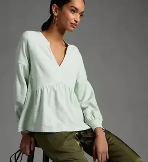 PILCRO Anthropologie Split Neck Mint Terrycloth Babydoll Top Size L‎ thumbnail 1