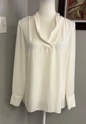 Amanda Uprichard Ivory Cowl Neck Long Sleeve Blouse Gold Button Cuffs Medium thumbnail 1