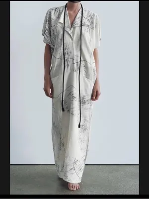 ZARA WOMAN FLOWING ZW COLLECTION PRINTED maxi‎ DRESS ECRU BLACK thumbnail 7