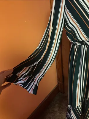 Jodifl Striped Faux Wrap Ruffle Midi Dress Size Medium Green Rust Boho thumbnail 6