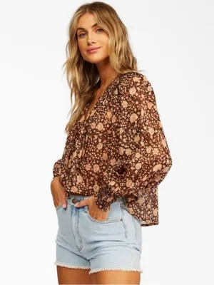 Billabong Desert Daze Floral Peasant Blouse Brown Smocked Long Sleeve Top Medium thumbnail 3