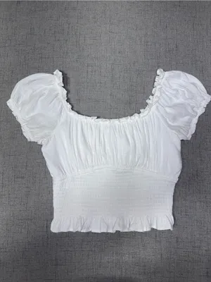 Hollister White Crop Top Puff Sleeves Smocked Ruffled Square Neckline Large thumbnail 3