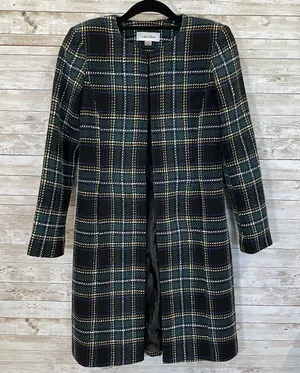 Calvin Klein‎ Womens 2 Jacket Tweed Topper Coat Green Plaid Tartan Open Front thumbnail 1
